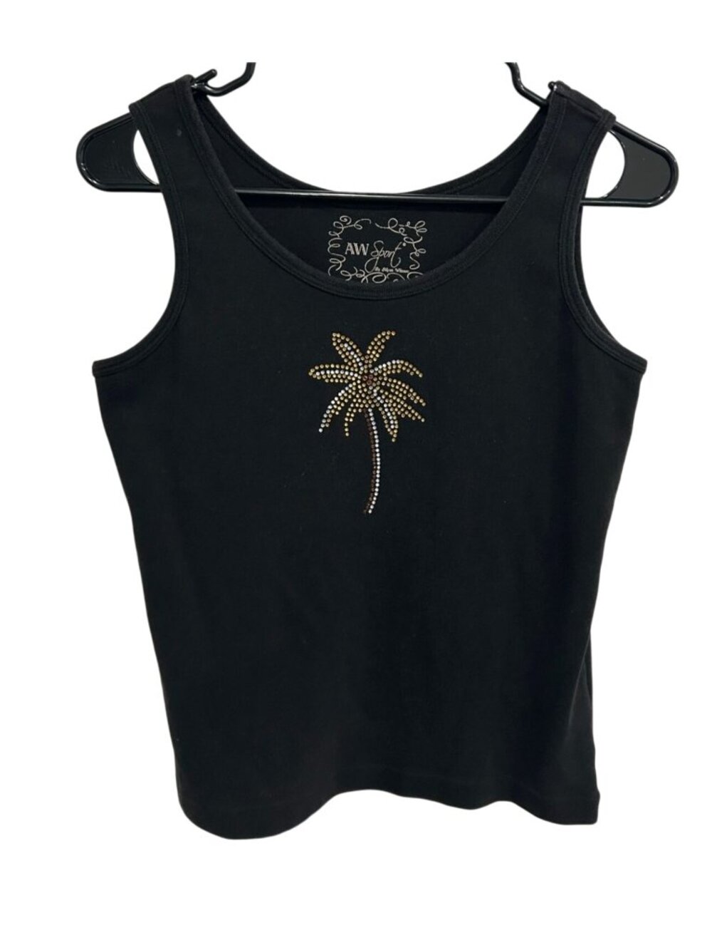 AW Sport Petite Small Black Tank Top Rhinestone Palm Tree Design Boho Tropical
